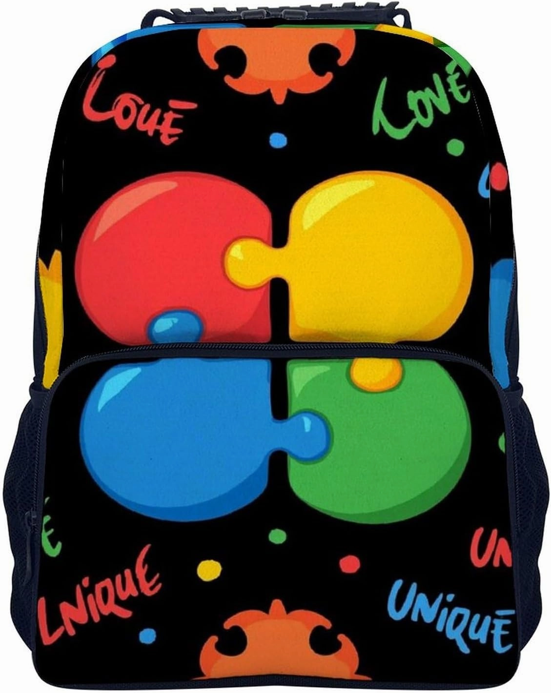 Supdreamc Polyester Daypack Backpack for Sports Travel Running - Big Capacity Anti-Theft Multipurpose Carry On Bag, Colorful Autism Awareness Puzzle Pieces Heart Black Laptop Book Bag Rucksack