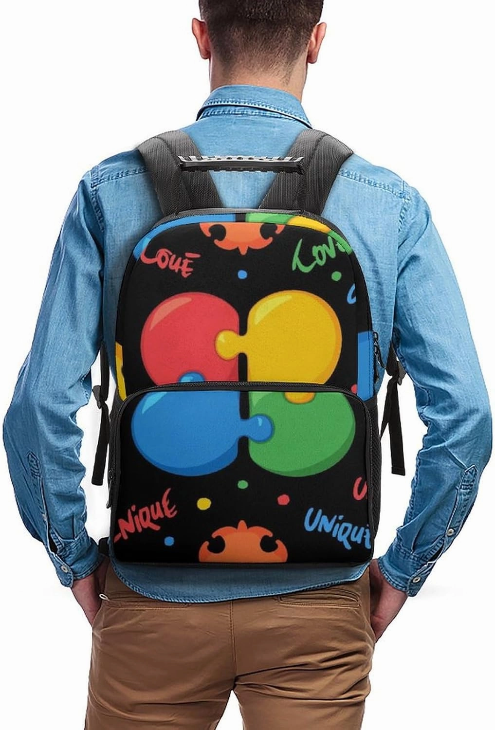 Supdreamc Polyester Daypack Backpack for Sports Travel Running - Big Capacity Anti-Theft Multipurpose Carry On Bag, Colorful Autism Awareness Puzzle Pieces Heart Black Laptop Book Bag Rucksack