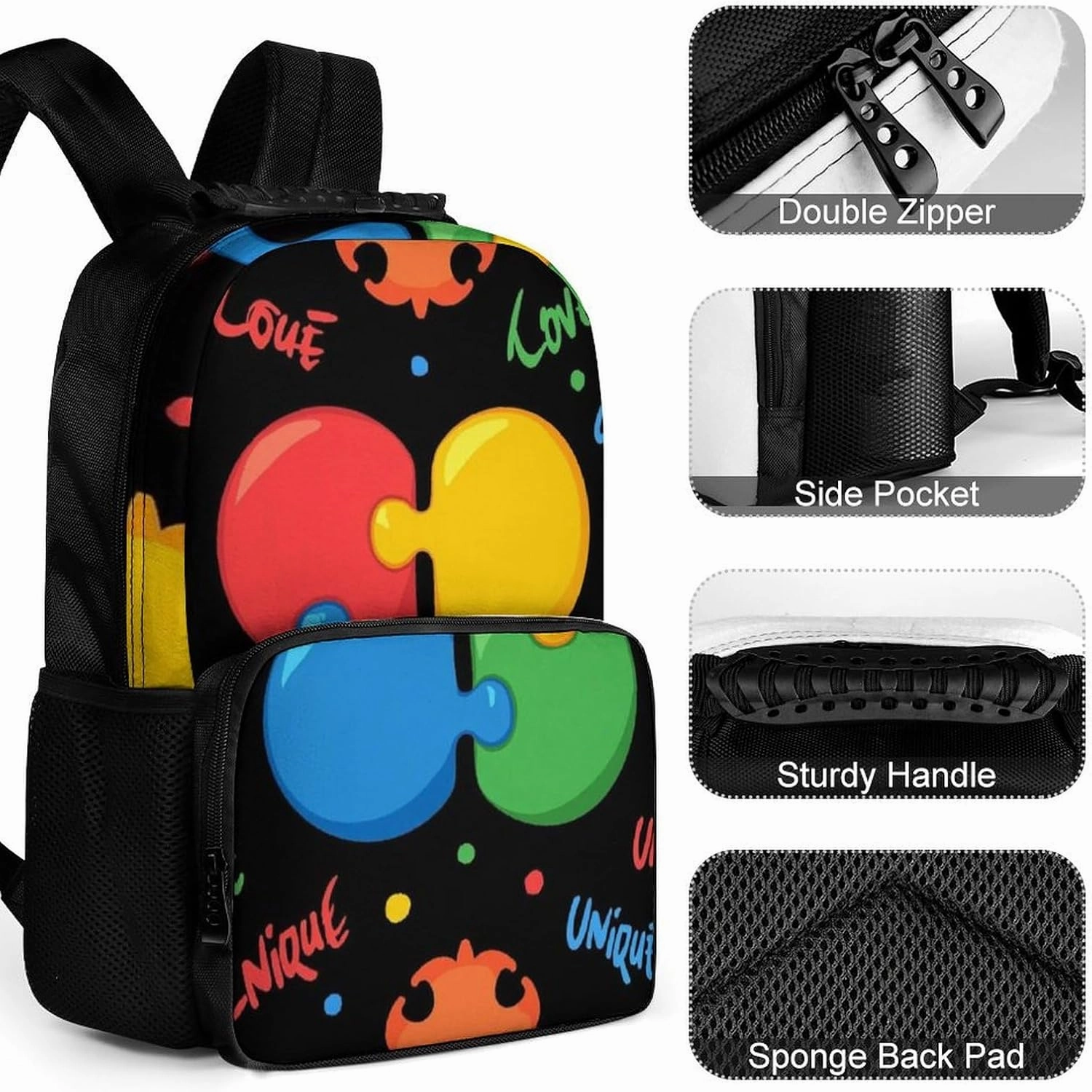 Supdreamc Polyester Daypack Backpack for Sports Travel Running - Big Capacity Anti-Theft Multipurpose Carry On Bag, Colorful Autism Awareness Puzzle Pieces Heart Black Laptop Book Bag Rucksack
