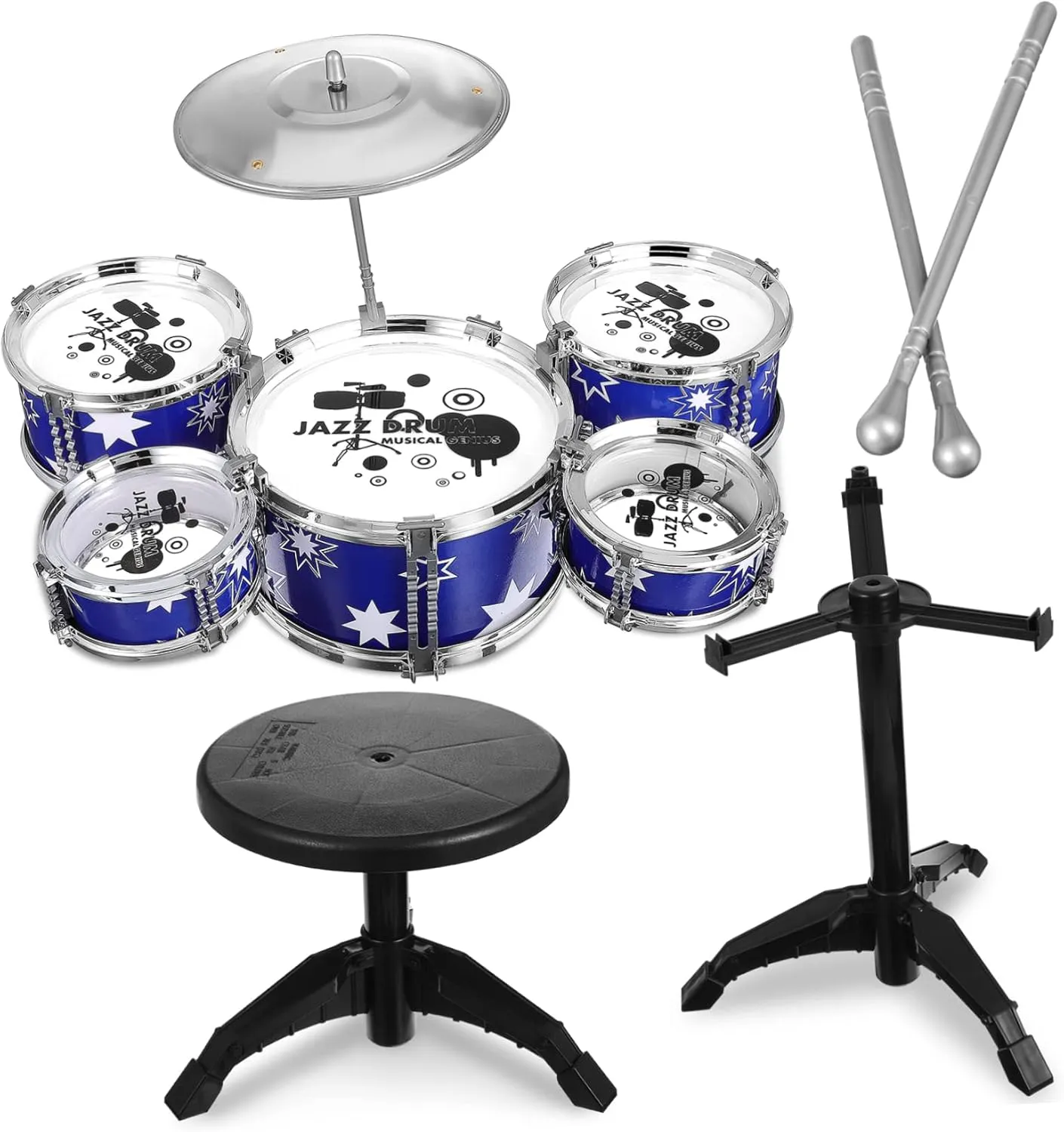 SUPVOX Jazz Drum Set with Stool Percussion Musical Instruments Playset for Creative Expression and Performance Skills Design Birthday Present for Boys