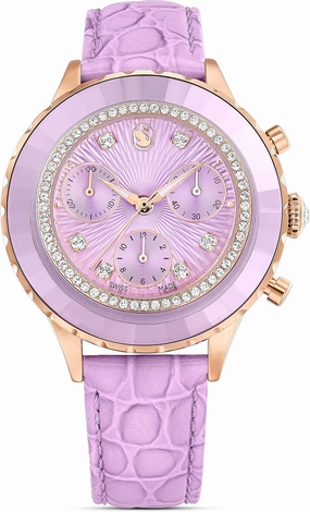 Swarovski Octea Chrono Watch, Swiss Made, Leather Strap, Purple, Rose Gold-Tone Finish