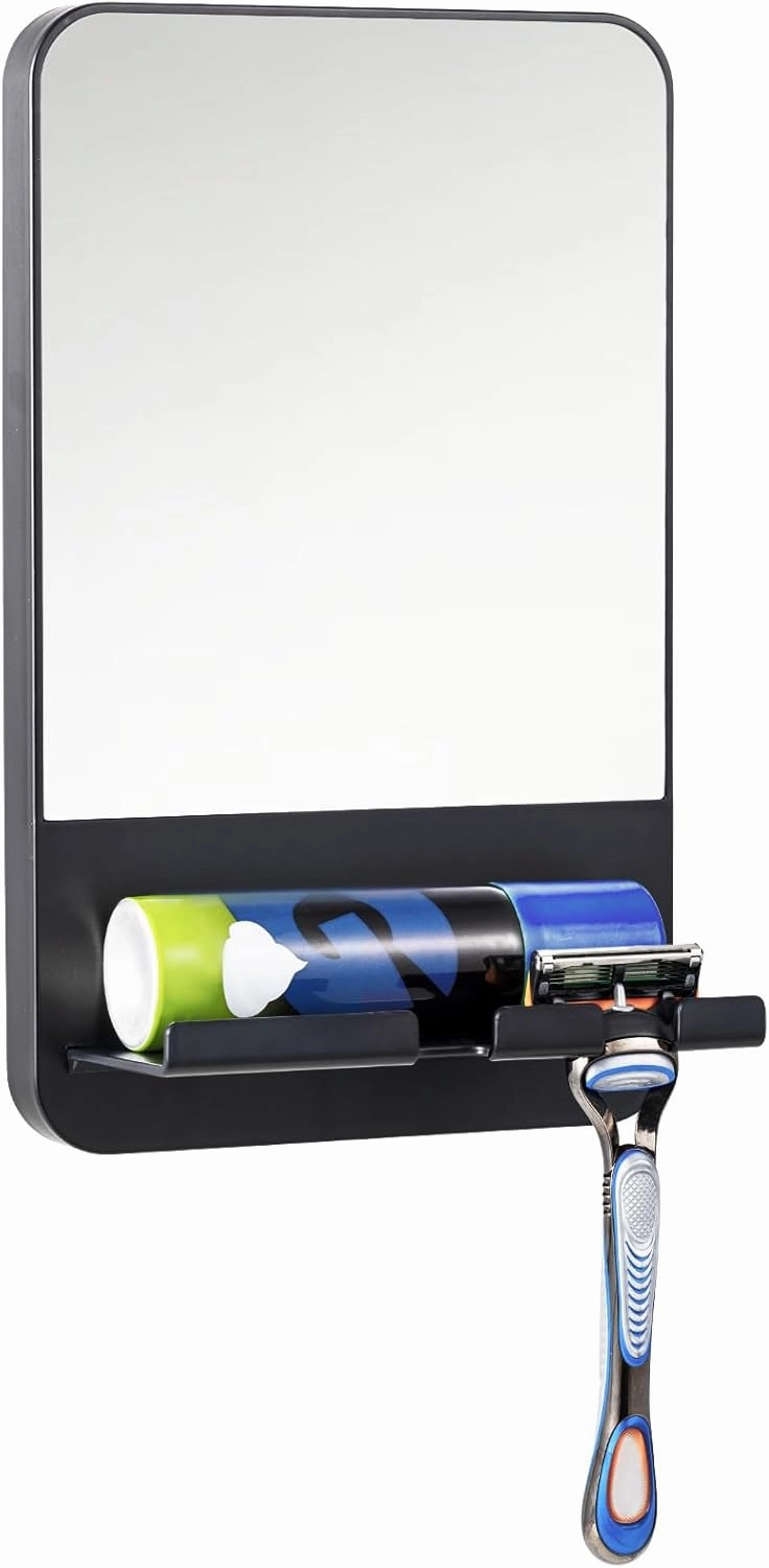 TAILI Fogless Shower Mirror, Anti-Fog with Razor Holder, Suction Shaving Mirror with Storage Tray, Rust-Proof, Shatterproof, Removable for Bathroom, Shower Accessories, Black