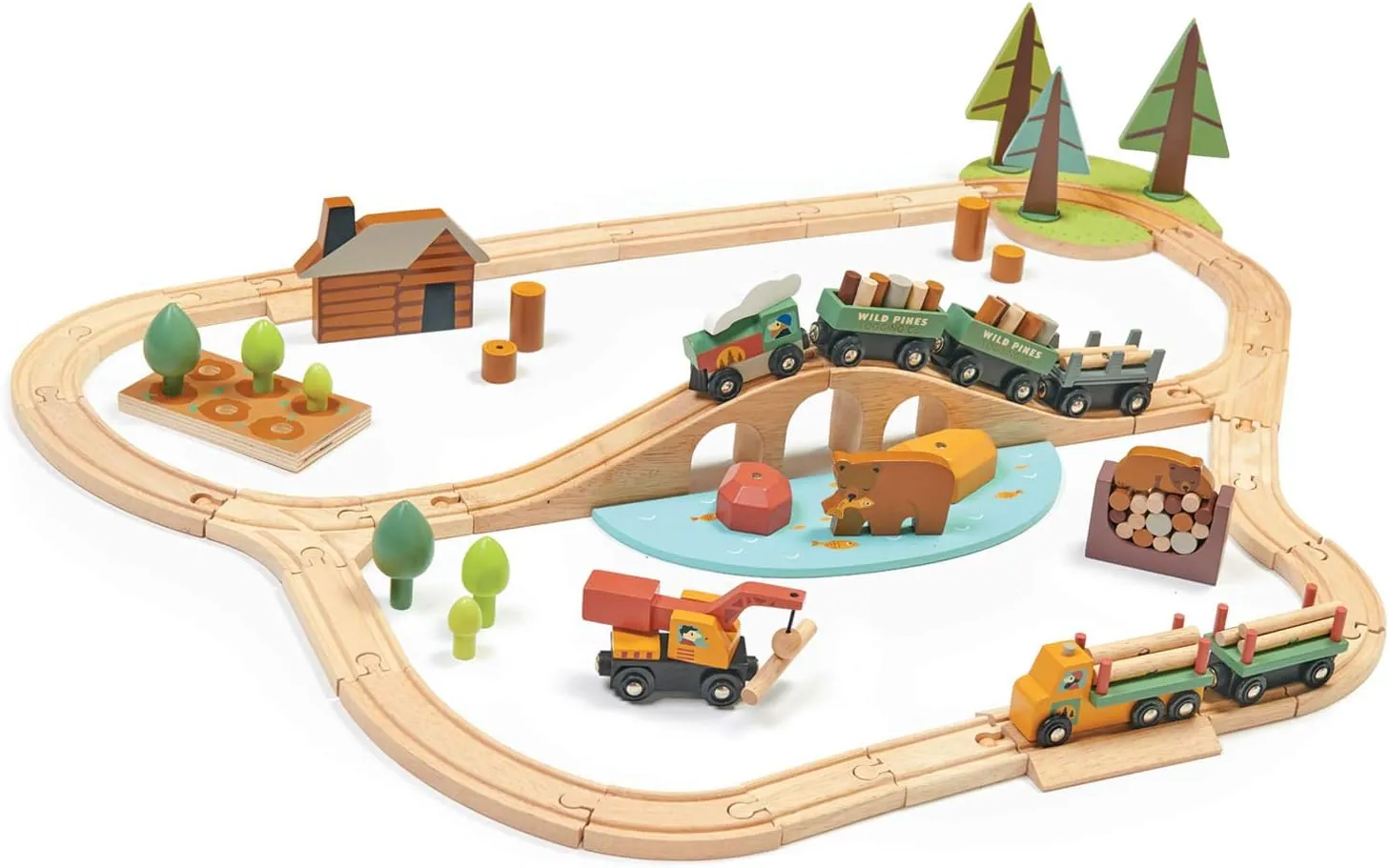Tender Leaf Toys - Wild Pines Train Set - 95 Pieces Wooden Train & Bridge Set for Kids, Toddler Boys & Girls - Compatible with Most Toy Trains - Age 3 