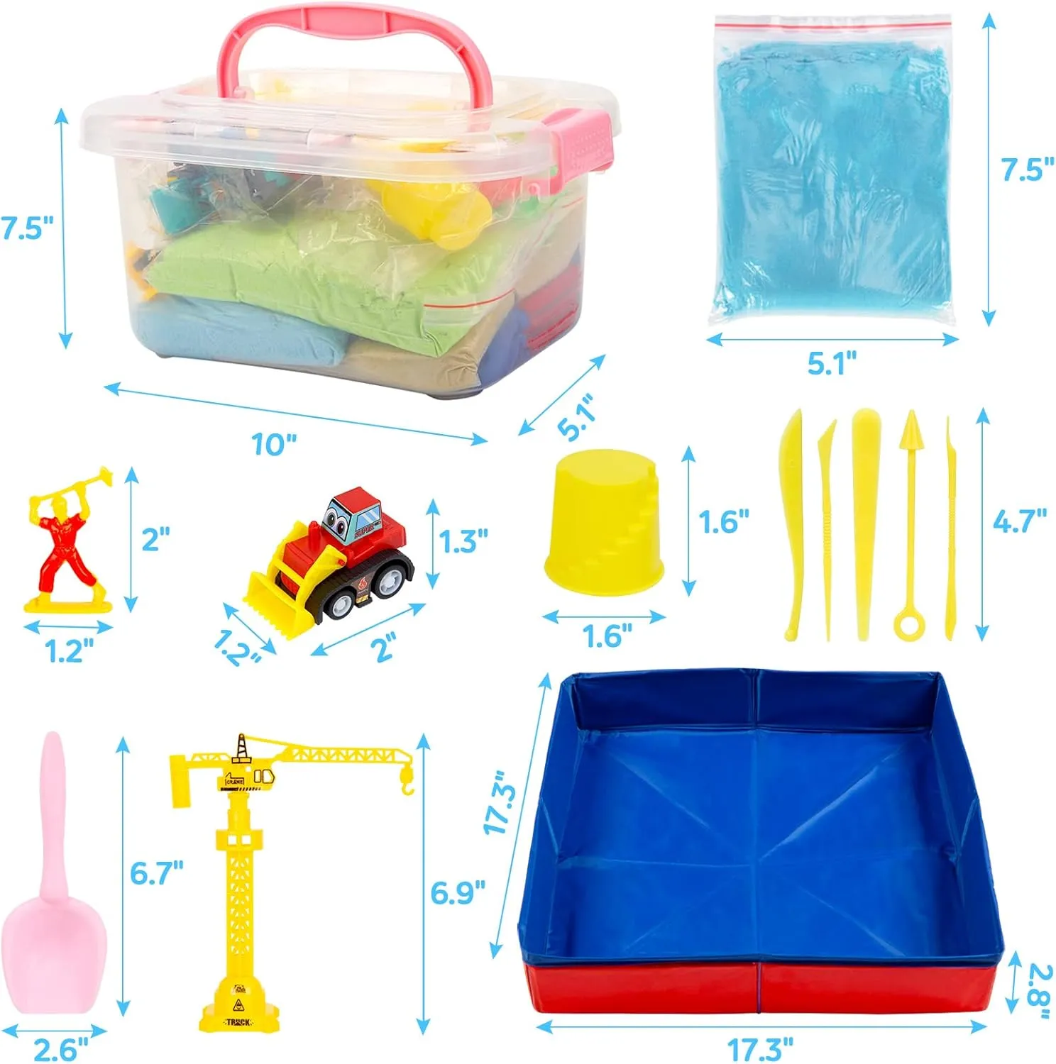 ThinkMax Sand Set for Kids, 6 Mini Construction Trucks, Castle Sand Molds, Tools & Signs, Foldable Storage Bin, 43PCS Set for Boys & Girls