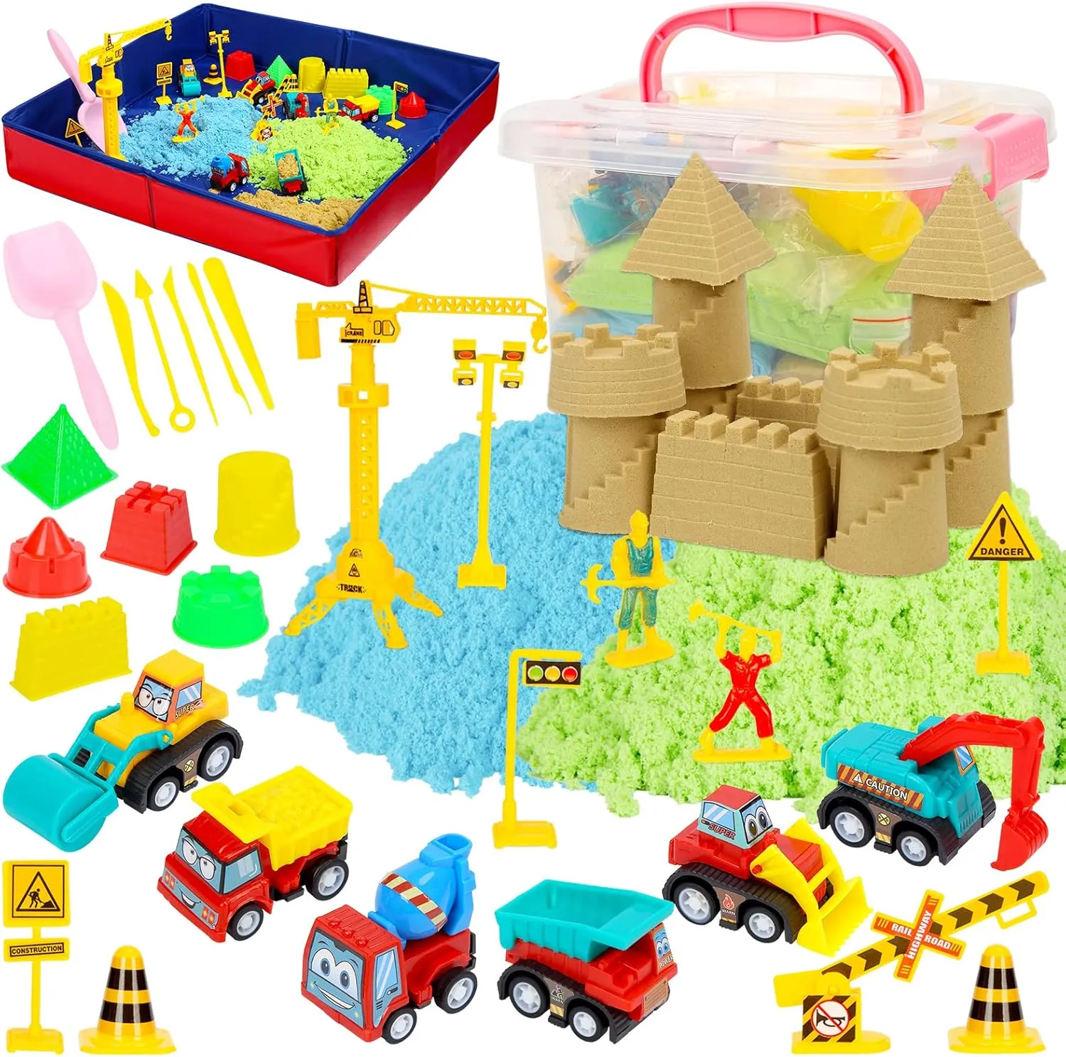 ThinkMax Sand Set for Kids, 6 Mini Construction Trucks, Castle Sand Molds, Tools & Signs, Foldable Storage Bin, 43PCS Set for Boys & Girls