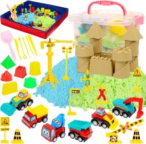 ThinkMax Sand Set for Kids, 6 Mini Construction Trucks, Castle Sand Molds, Tools & Signs, Foldable Storage Bin, 43PCS Set for Boys & Girls