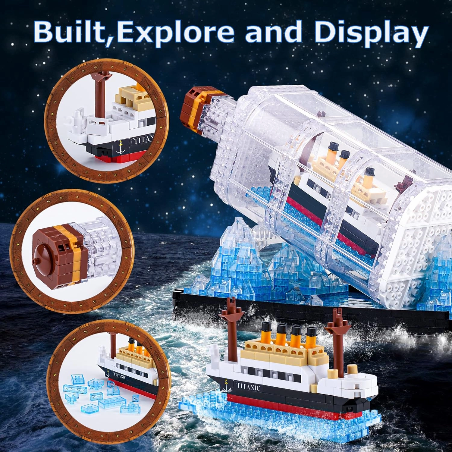 Titanic Ship in a Bottle Micro Mini Building Set, Titanic Toys Model Collectible Display Sets, Building Kits for Adults Kids Teens Age 14  Gift (1102 PCS)