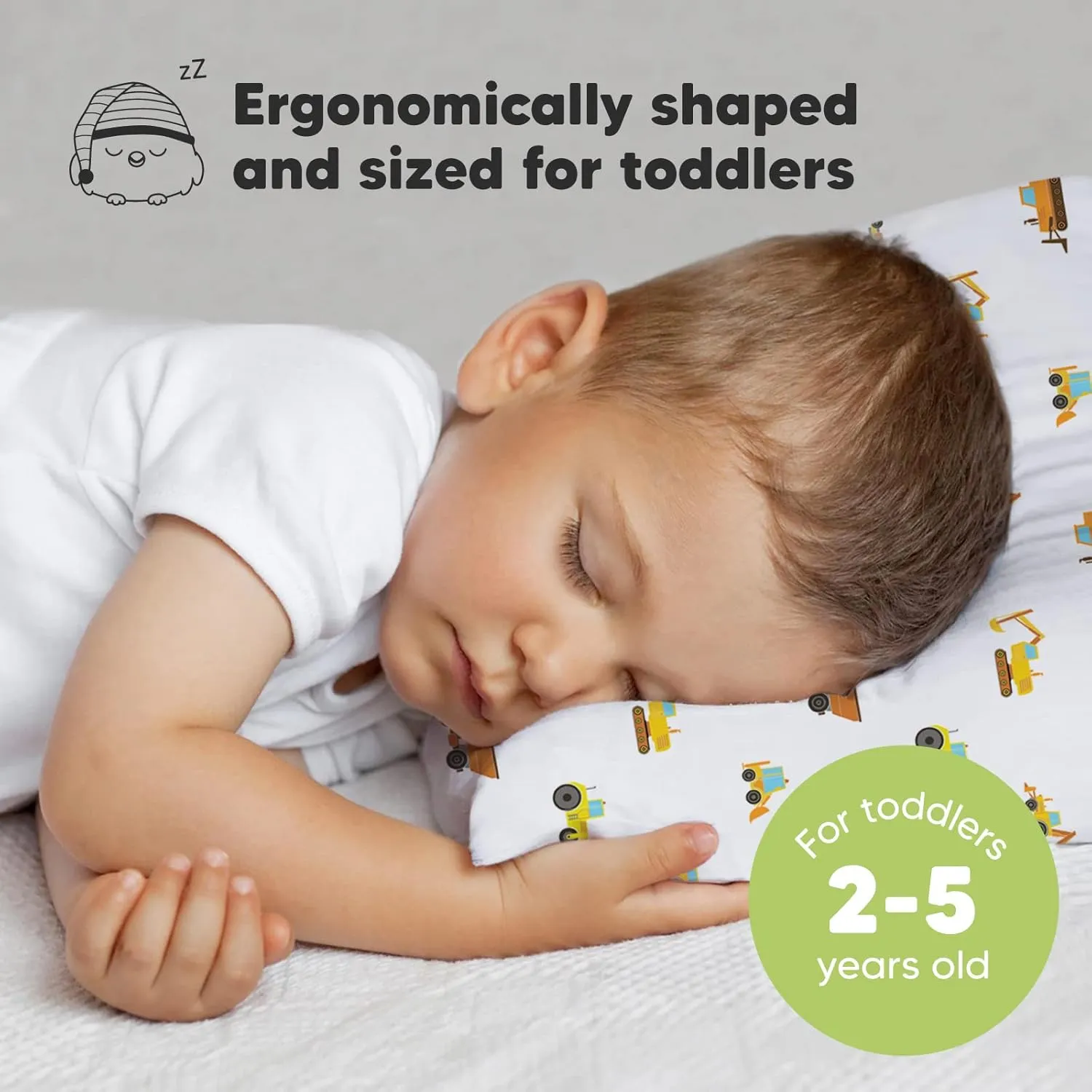 Toddler Pillow with Pillowcase - 13x18 My Little Dreamy Kids Travel Bed Pillows for Sleeping, Organic Cotton Small Pillowcase, Soft & Breathable, Machine Washable, Toddlers 2-5 years old(Construction)