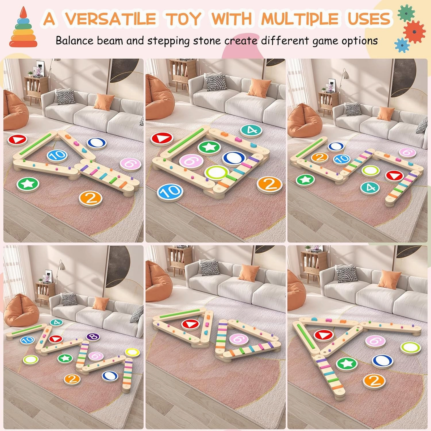 Toddler Balance Beam, Wooden Balance Board Indoor or Outdoor Play, Montessori Activity Toys with Stepping Stones - Safe and Creative Active Play for Kids