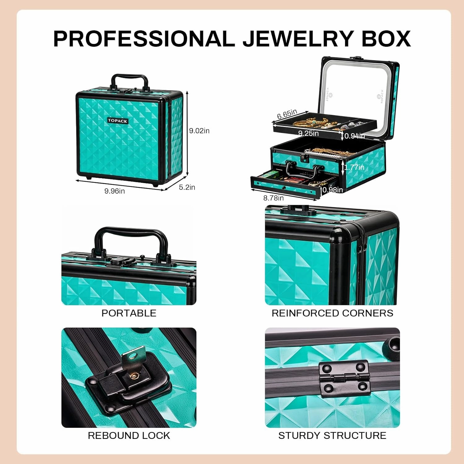 TOPACK Makeup Cases with Led Mirror, Portable Makeup Box Make Up Case with Mirror Makeup Travel Case Makeup Box Travel Jewelry Case Organizer-Water Cube