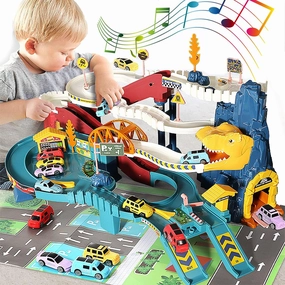 Toy Car Ramp Track Dinosaur Climbing Hills and Lifting Parking Lot with 8 Mini Racer Cars, Christmas & Birthday Toy Gift for Kids 3 4 5 6 7 8 9 Years Old(Dinosaur Mountain Track  4 Cars)