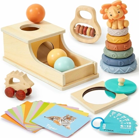 Toyssa Wooden Montessori Baby Toys 6-12 Months, 6 in 1 Baby Sensory Toys for Toddler 1-3 with Infant Stacking Rings/Object Permanence Box/Rattle/Flash Card, Educational Learning Toy Birthday Gifts
