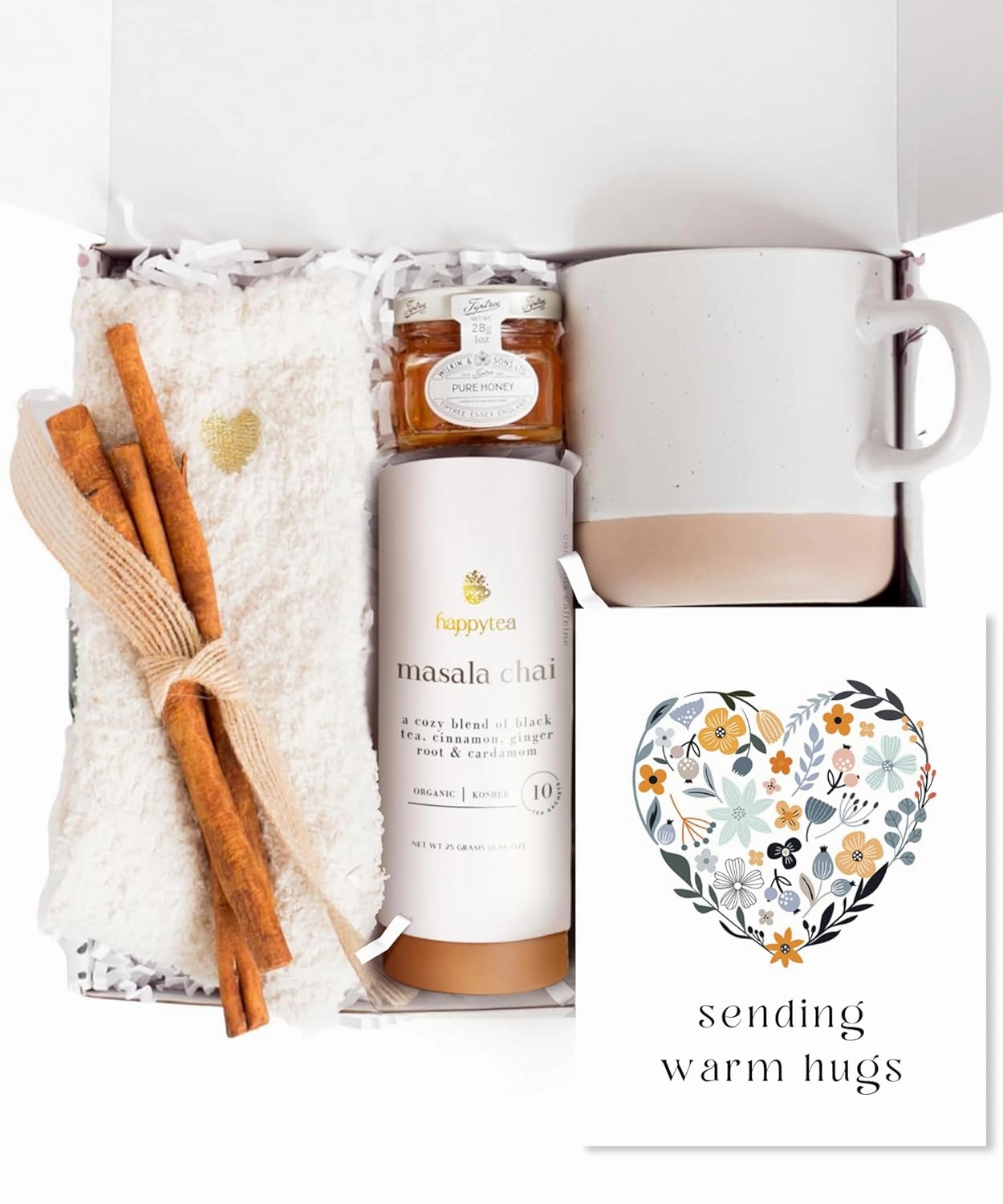 UnboxMe Mother's Day Tea Lover's Basket - Self-Care Box with Cozy Socks, Ceramic Mug, Chai Tea, Honey & Cinnamon | Relaxation Package for Women, Get Well Soon
