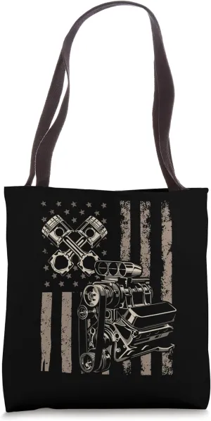 Vintage Muscle Car Piston USA Flag for Patriotic Mechanic Tote Bag