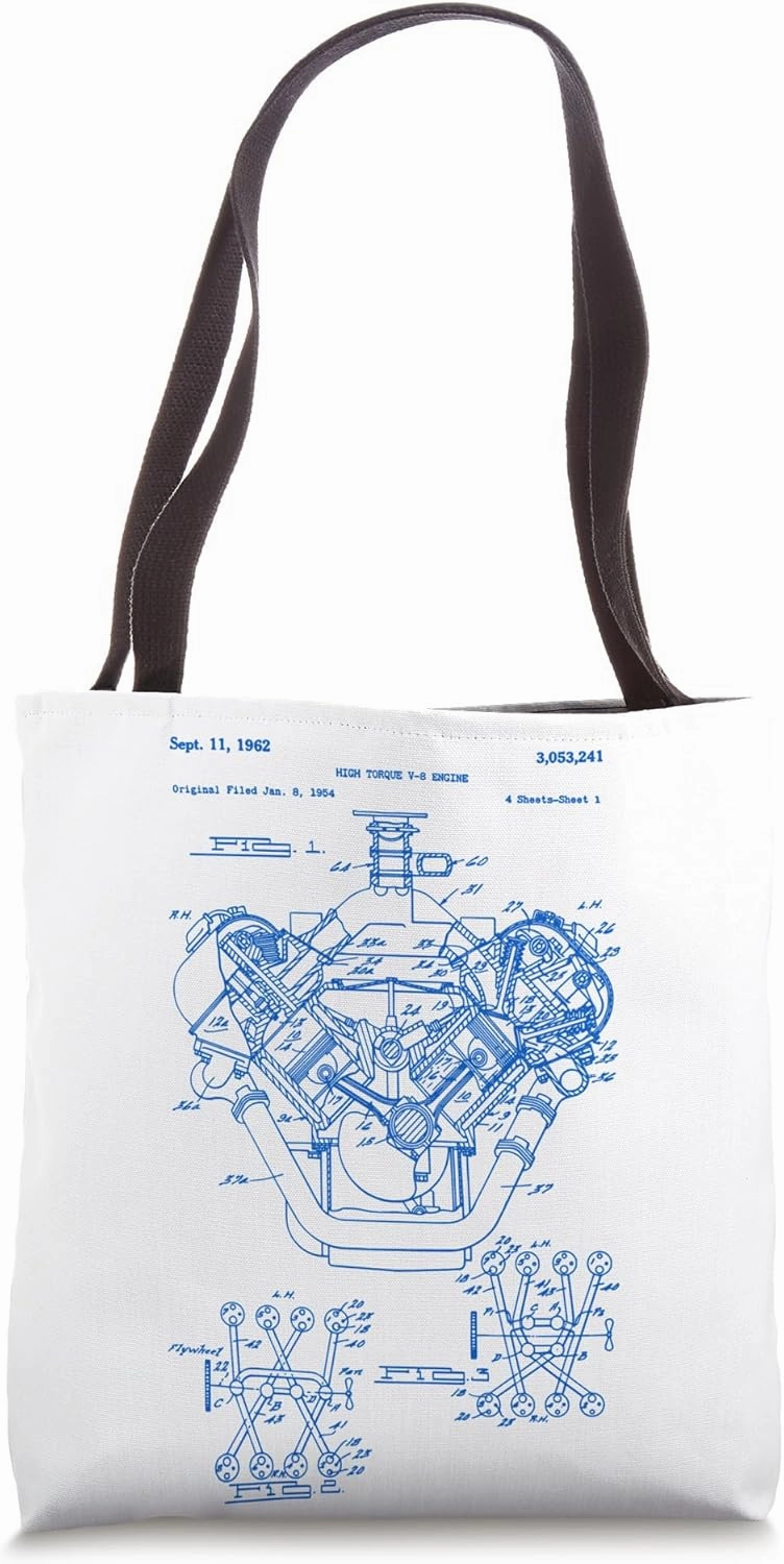 Vintage Engine Block Blueprint Diagram – Men's Car Graphic Tote Bag