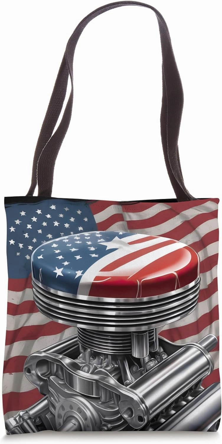 Vintage Muscle Car Piston USA Flag for Patriotic Mechanic Tote Bag