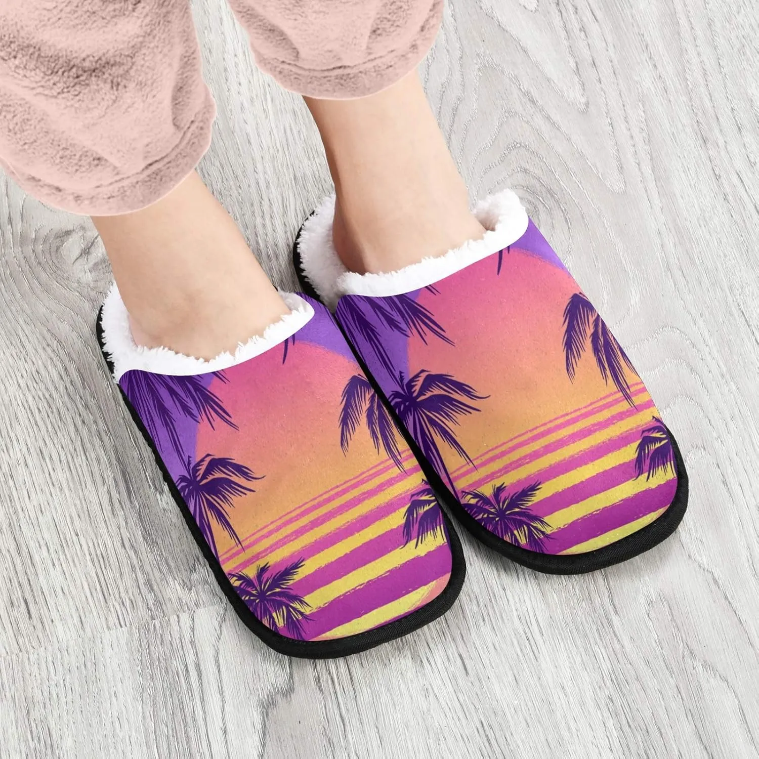 visesunny Tropical Sea Sunset Slippers for Women Mens Winter Warm Memory Foam Cotton Home Slippers Soft Plush Fleece Slip on House Slippers for Girls Indoor Outdoor Shoes