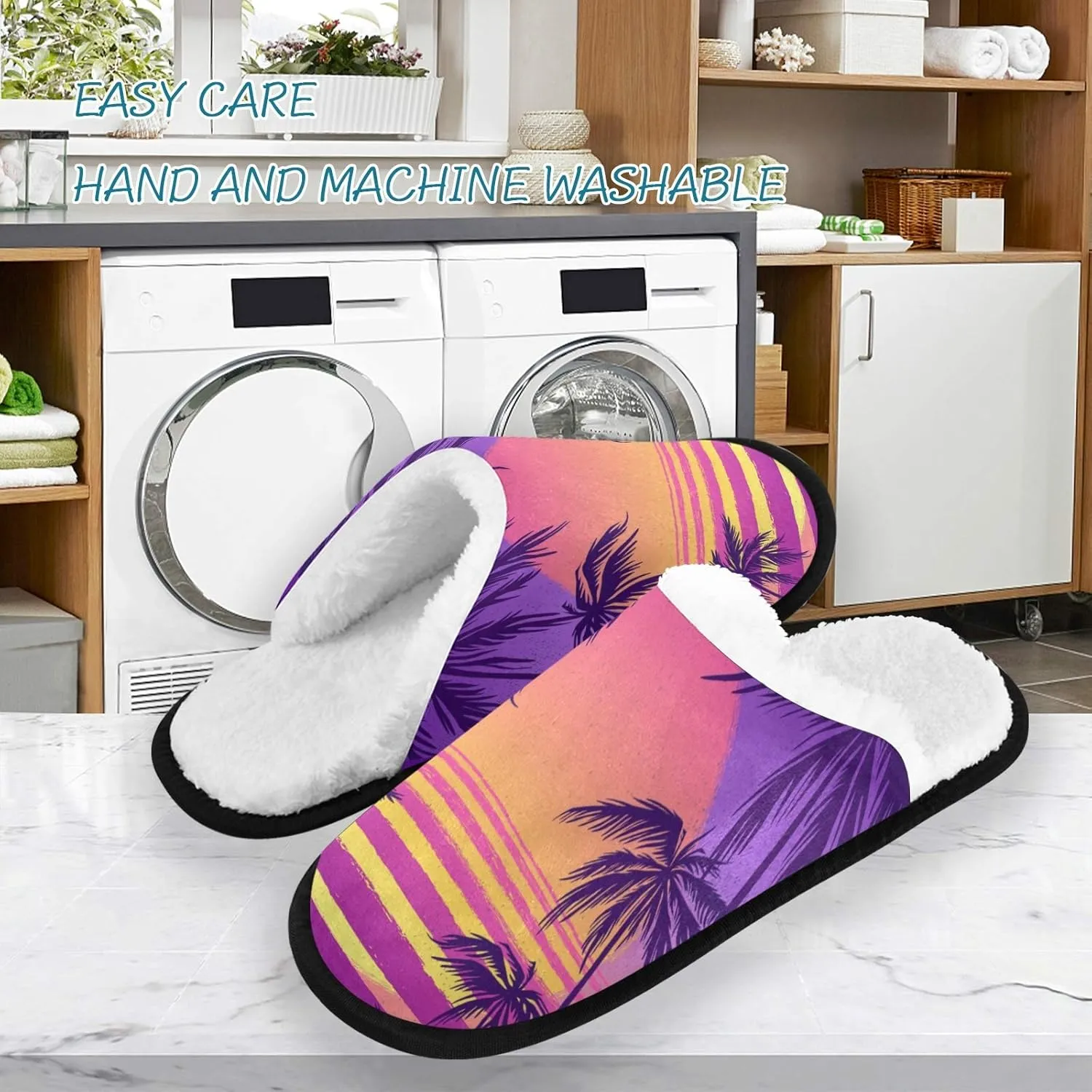 visesunny Tropical Sea Sunset Slippers for Women Mens Winter Warm Memory Foam Cotton Home Slippers Soft Plush Fleece Slip on House Slippers for Girls Indoor Outdoor Shoes