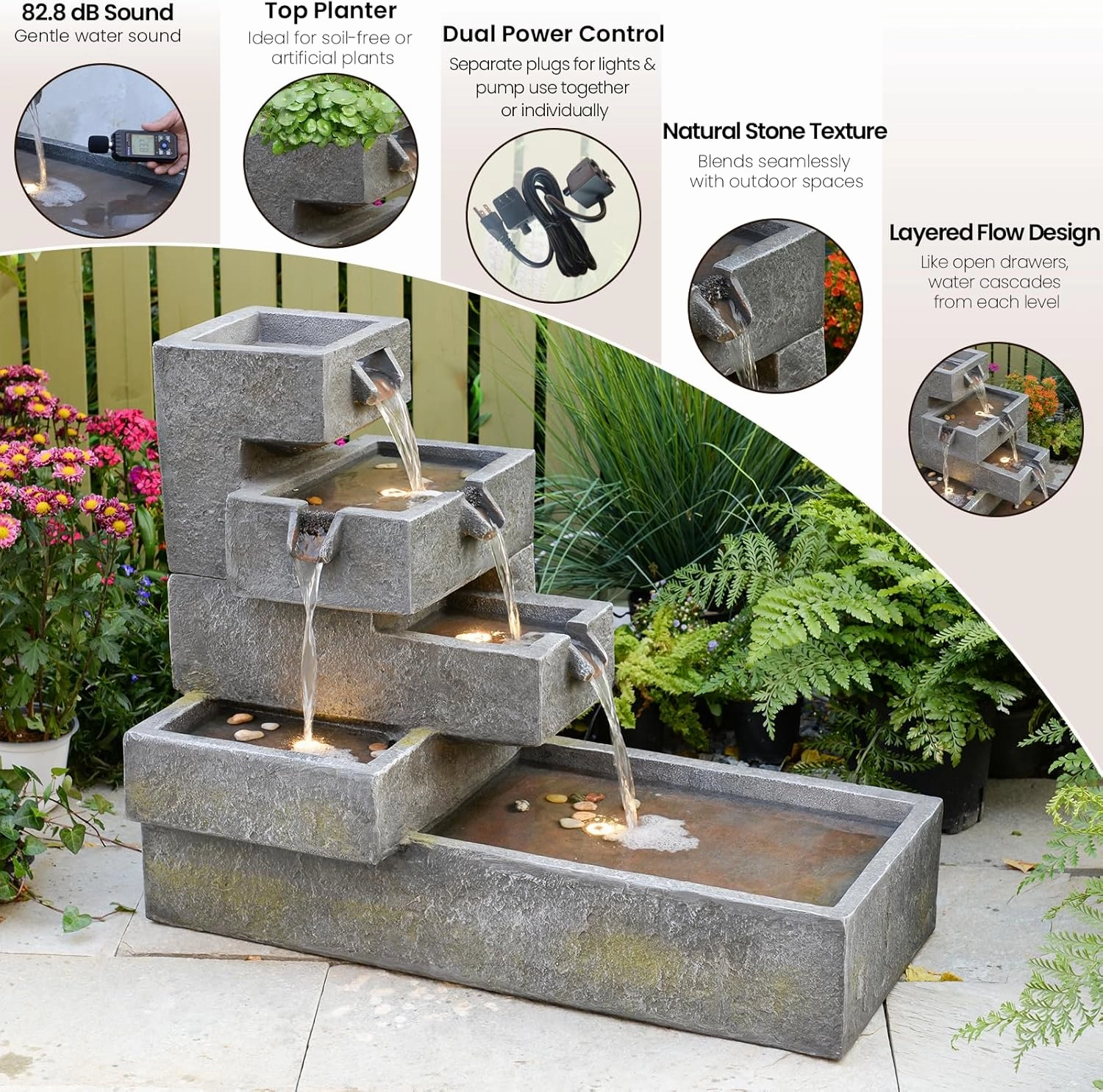 Water Fountain Outdoor Garden - Waterfall Freestanding Cascade Tiered Fountains Modern Style with LED Lights for Patio Backyard Pool Home Decor, 32.5 inches Long, Gray