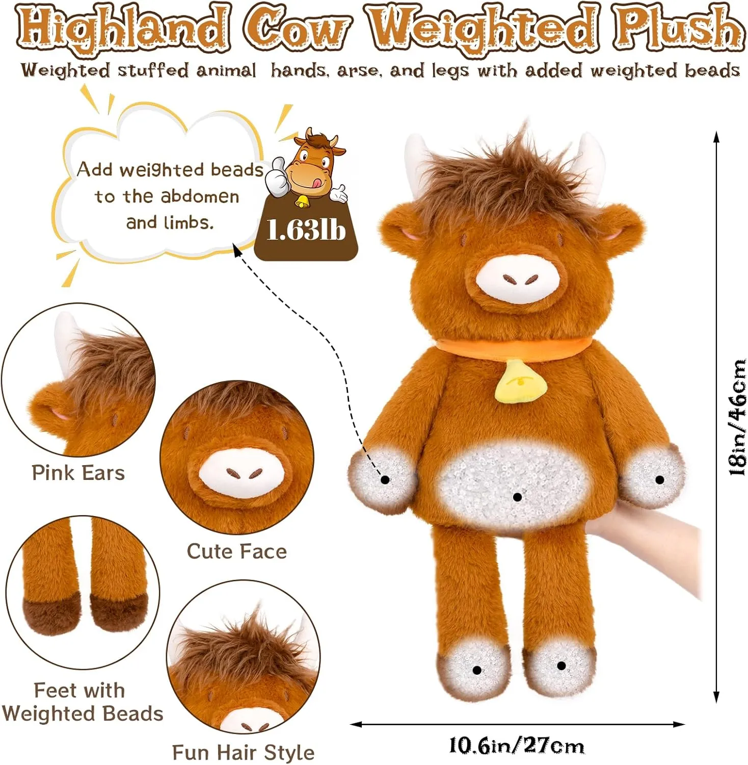 Weighted Highland Cow Plush,18in Weighted Stuffed Animals,1.63 Lbs Large Cute & Soft Highland Cow Weighted Plush Pillow Toy Gifts for Kids,Boys and Girl