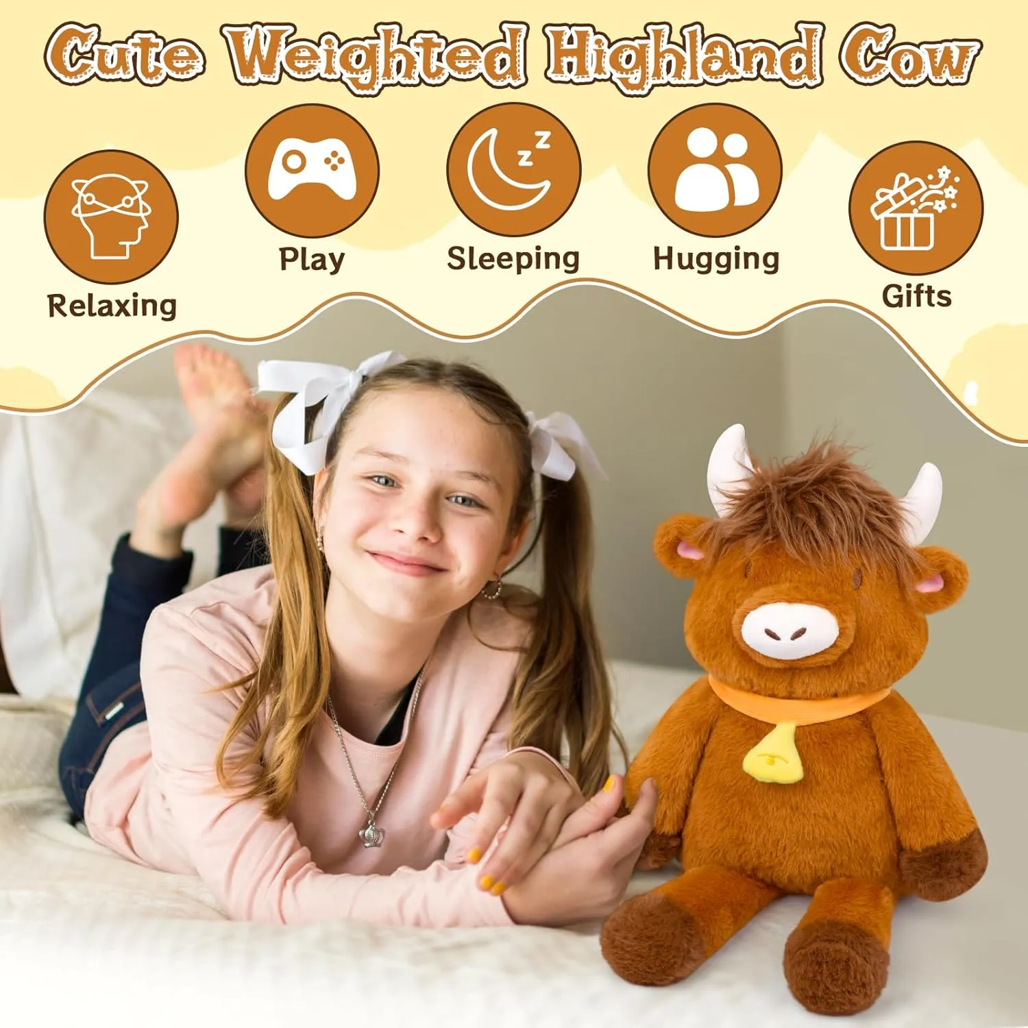 Weighted Highland Cow Plush,18in Weighted Stuffed Animals,1.63 Lbs Large Cute & Soft Highland Cow Weighted Plush Pillow Toy Gifts for Kids,Boys and Girl
