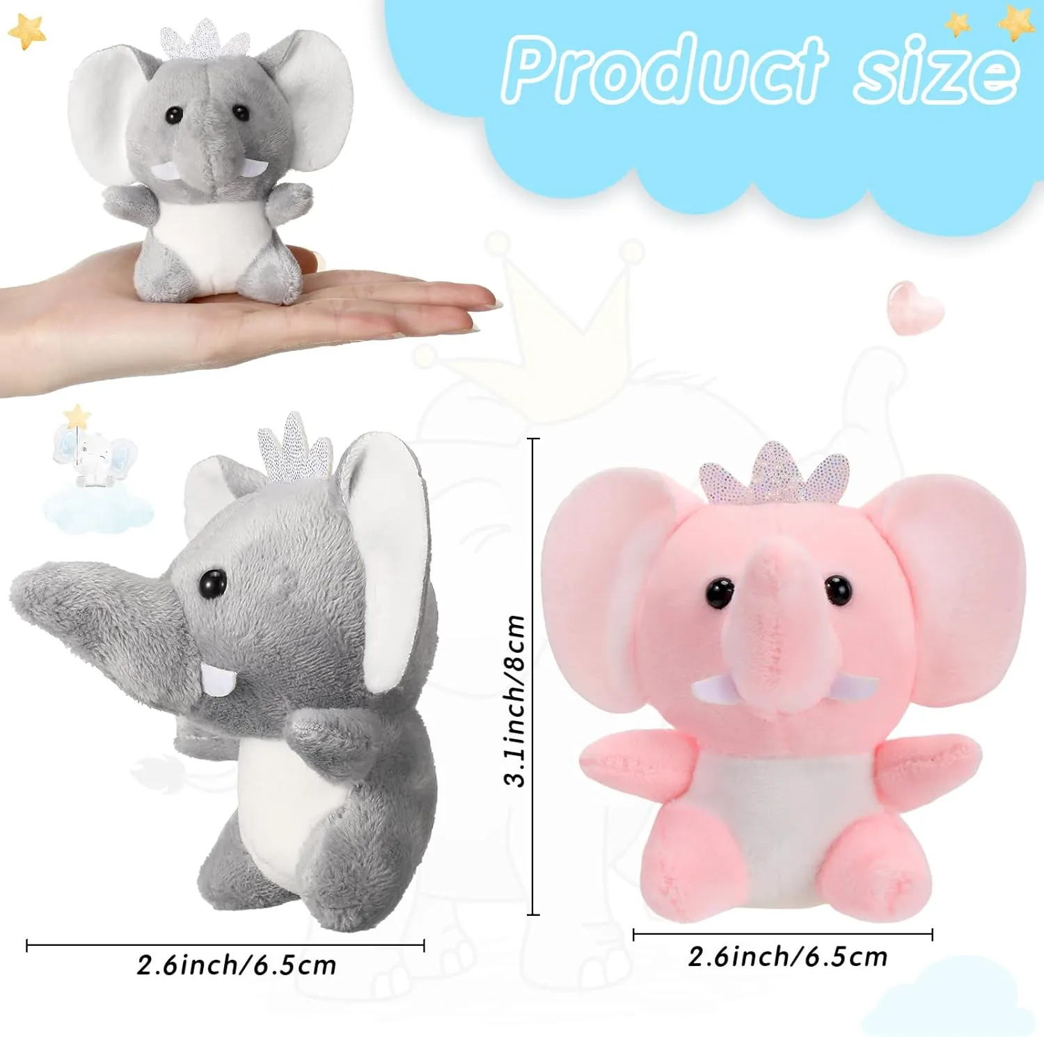 Wettarn 24 Pcs Mini Elephant Stuffed Animals Small Cute Plush Toys for Birthday Party Baby Shower Favors Classroom Gifts, 3.1 Inch(Elephant,Gray, Pink)