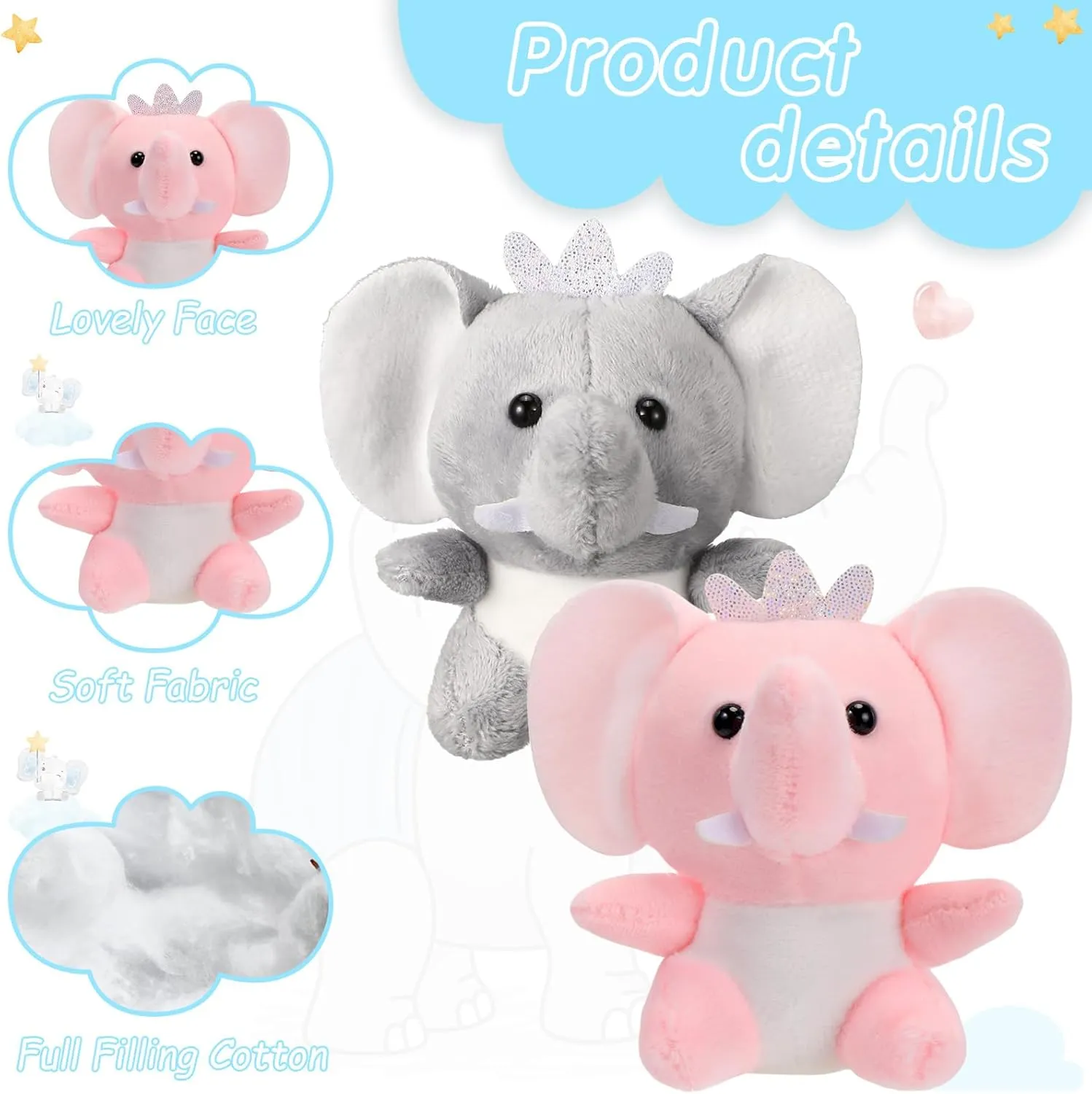 Wettarn 24 Pcs Mini Elephant Stuffed Animals Small Cute Plush Toys for Birthday Party Baby Shower Favors Classroom Gifts, 3.1 Inch(Elephant,Gray, Pink)