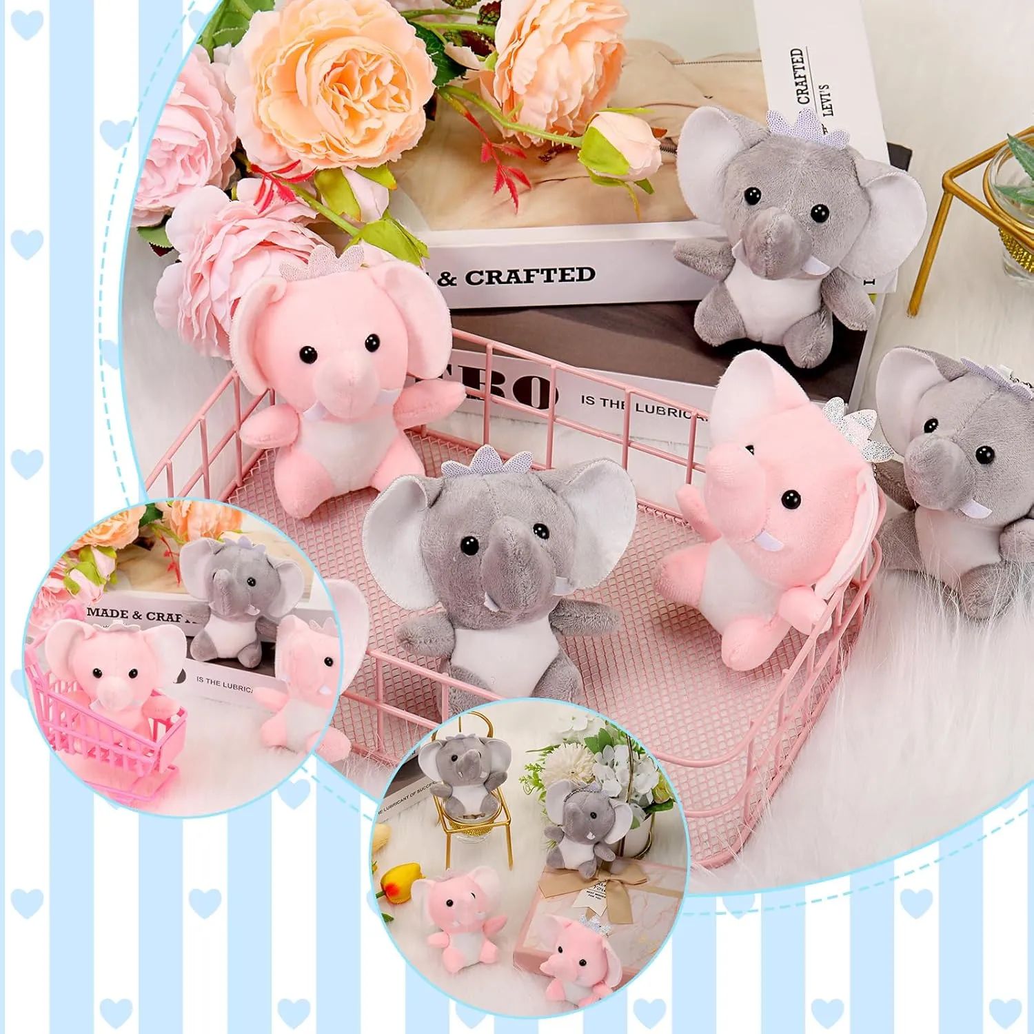 Wettarn 24 Pcs Mini Elephant Stuffed Animals Small Cute Plush Toys for Birthday Party Baby Shower Favors Classroom Gifts, 3.1 Inch(Elephant,Gray, Pink)