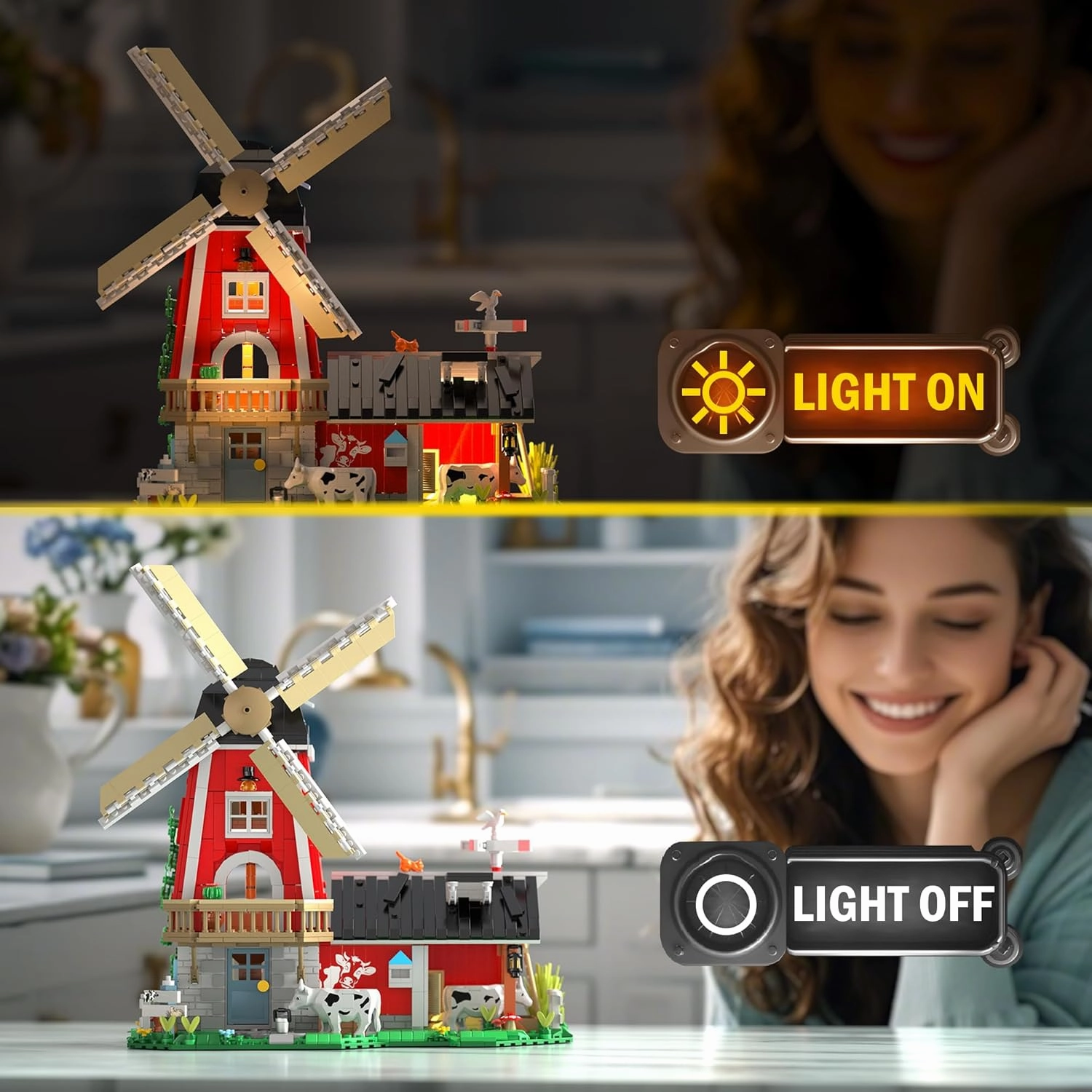 Windmill Farm Building Set with LED Lights, 1310 PCS Red Barn Building Blocks Toy with Cows Animals, Farm Model Building Bricks Set, Home Decor Gift for Adults Teens Kids Boys Girls
