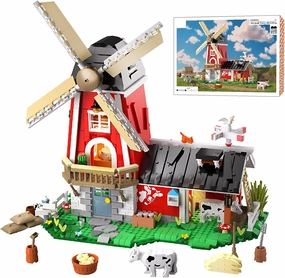 Windmill Farm Building Set with LED Lights, 1310 PCS Red Barn Building Blocks Toy with Cows Animals, Farm Model Building Bricks Set, Home Decor Gift for Adults Teens Kids Boys Girls