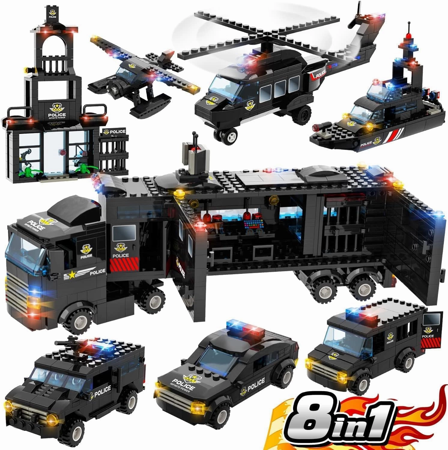 WishaLife 8 in 1 City Mobile Command Center Set with Station, Vehicles, Helicopter & Boat - Fun Police Gifts for Kids Age 6 
