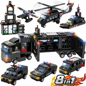 WishaLife 8 in 1 City Mobile Command Center Set with Station, Vehicles, Helicopter & Boat - Fun Police Gifts for Kids Age 6 
