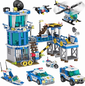 WishaLife City Police Station Toy Building Set with Prison, Police Car Toy, Helicopter Toy, Boat Toy, Fun Police Toys Gift for Kids, Boys and Girls Ages 6 Plus, Large, Blue