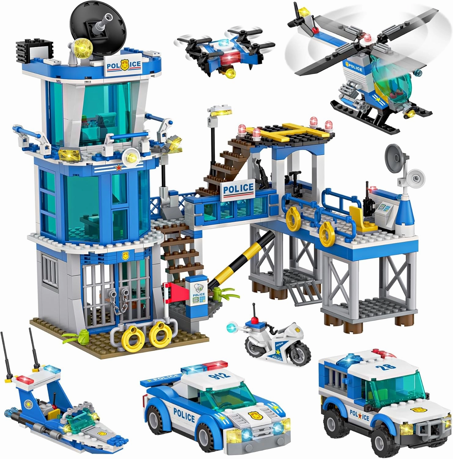 WishaLife City Police Station Toy Building Set with Prison, Police Car Toy, Helicopter Toy, Boat Toy, Fun Police Toys Gift for Kids, Boys and Girls Ages 6 Plus, Large, Blue
