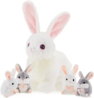 Woanger 5 Pcs Bunny Stuffed Animal 1 Large Mommy Bunny Plush with 4 Plush Small Baby Rabbit Toy Lovely Realistic Stuffed Animals Toys Easter Gifts for Babies Boys Girls