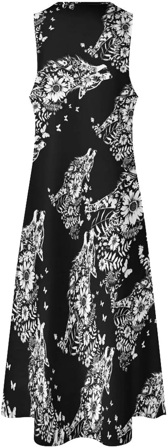 Wolf And Butterflies Women's Maxi Dress V-Neck Sleeveless Summer Casual Beach Long Dresses