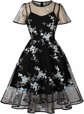 Women Mesh Floral Embroidery Vintage Cocktail Swing Dress Illusion 50s Goth Flared A line Casual Wedding Prom Evening Dress