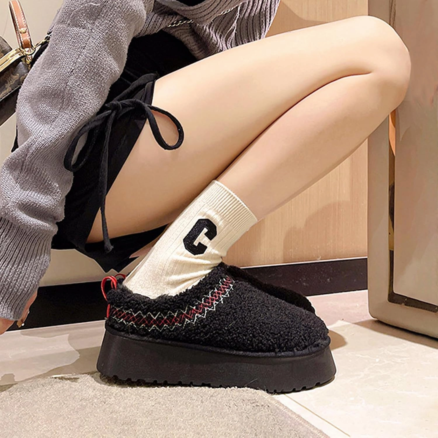 Women's Platform Clogs Mini Boots Plush Lining Fuzzy Slippers Slip on Fluffy Snow Boots for Women