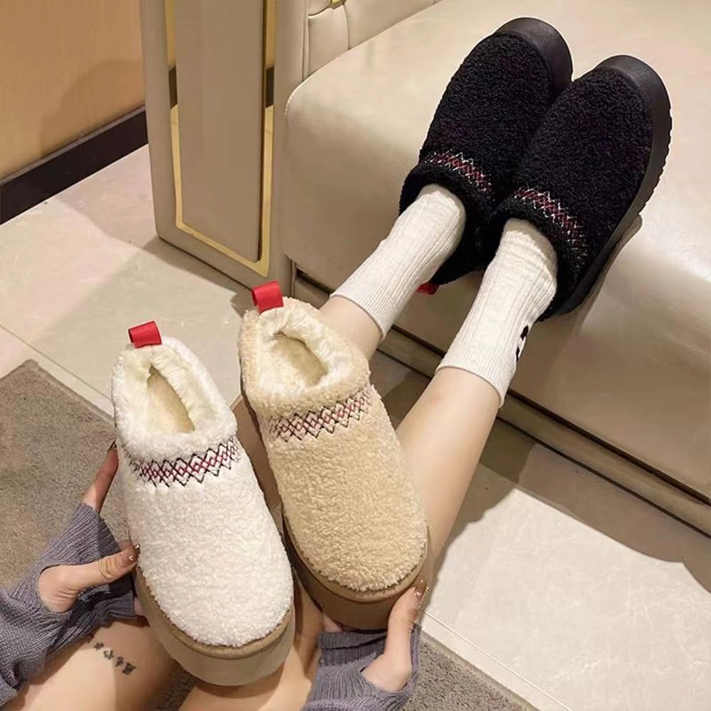 Women's Platform Mini Boots Slippers for Women Warm Fuzzy Slippers Fur Fleece Lined Slip on Suede Short Ankle Boots Outdoor Indoor Braid Slippers Anti Slip Trend