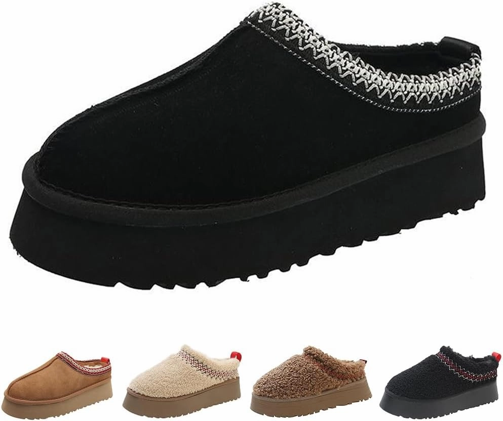 Women's Platform Mini Boots Slippers for Women Warm Fuzzy Slippers Fur Fleece Lined Slip on Suede Short Ankle Boots Outdoor Indoor Braid Slippers Anti Slip Trend