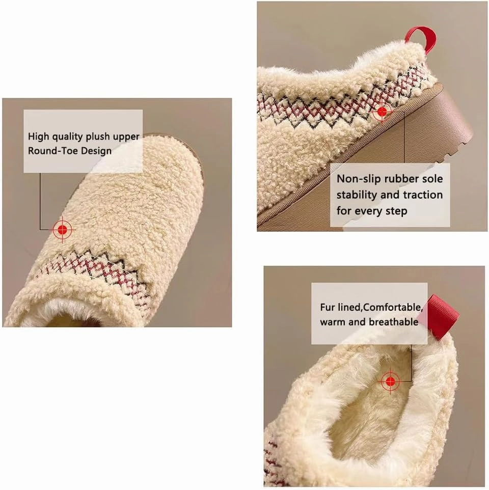 Women's Platform Mini Boots Slippers for Women Warm Fuzzy Slippers Fur Fleece Lined Slip on Suede Short Ankle Boots Outdoor Indoor Braid Slippers Anti Slip Trend