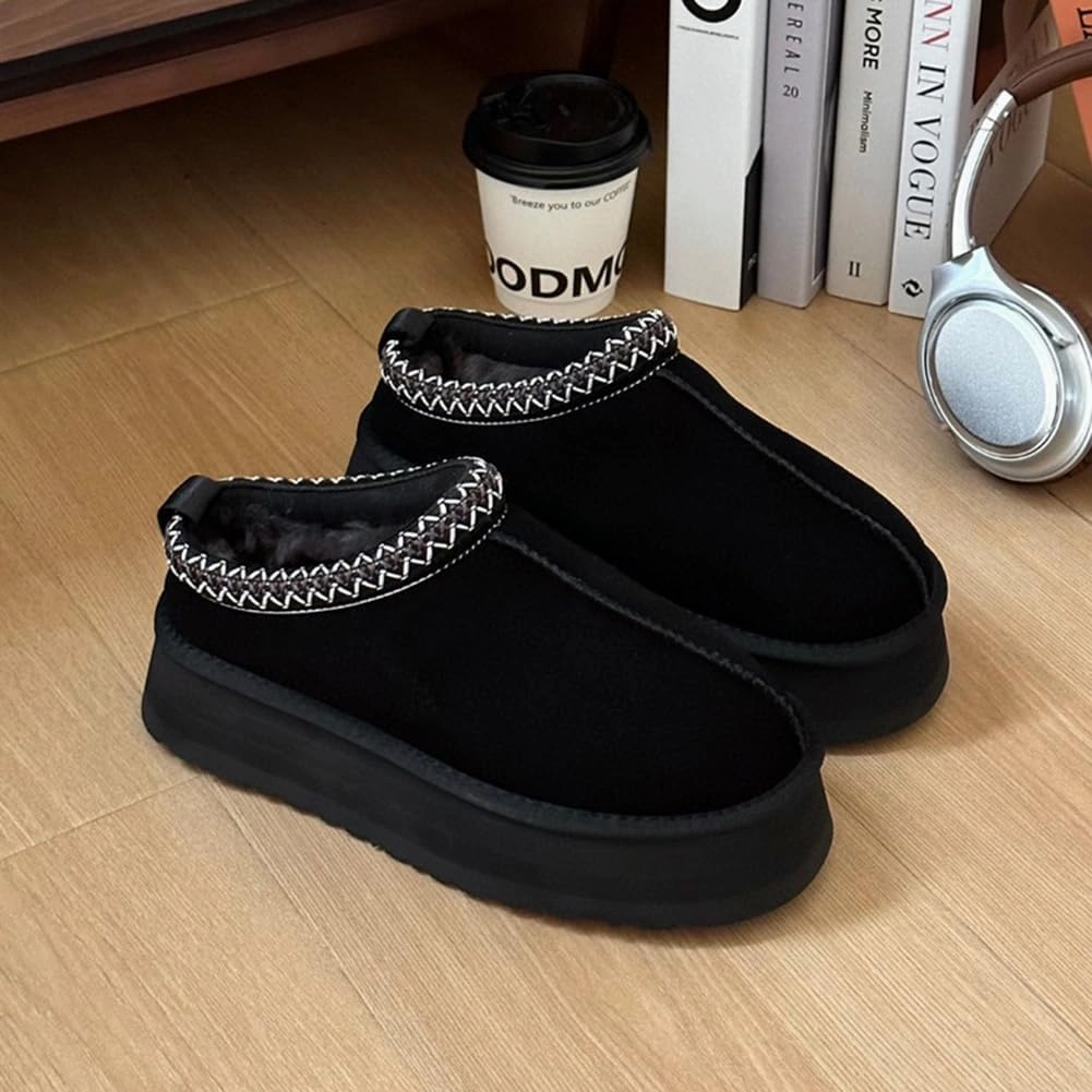Women's Platform Mini Boots Slippers for Women Warm Fuzzy Slippers Fur Fleece Lined Slip on Suede Short Ankle Boots Outdoor Indoor Braid Slippers Anti Slip Trend