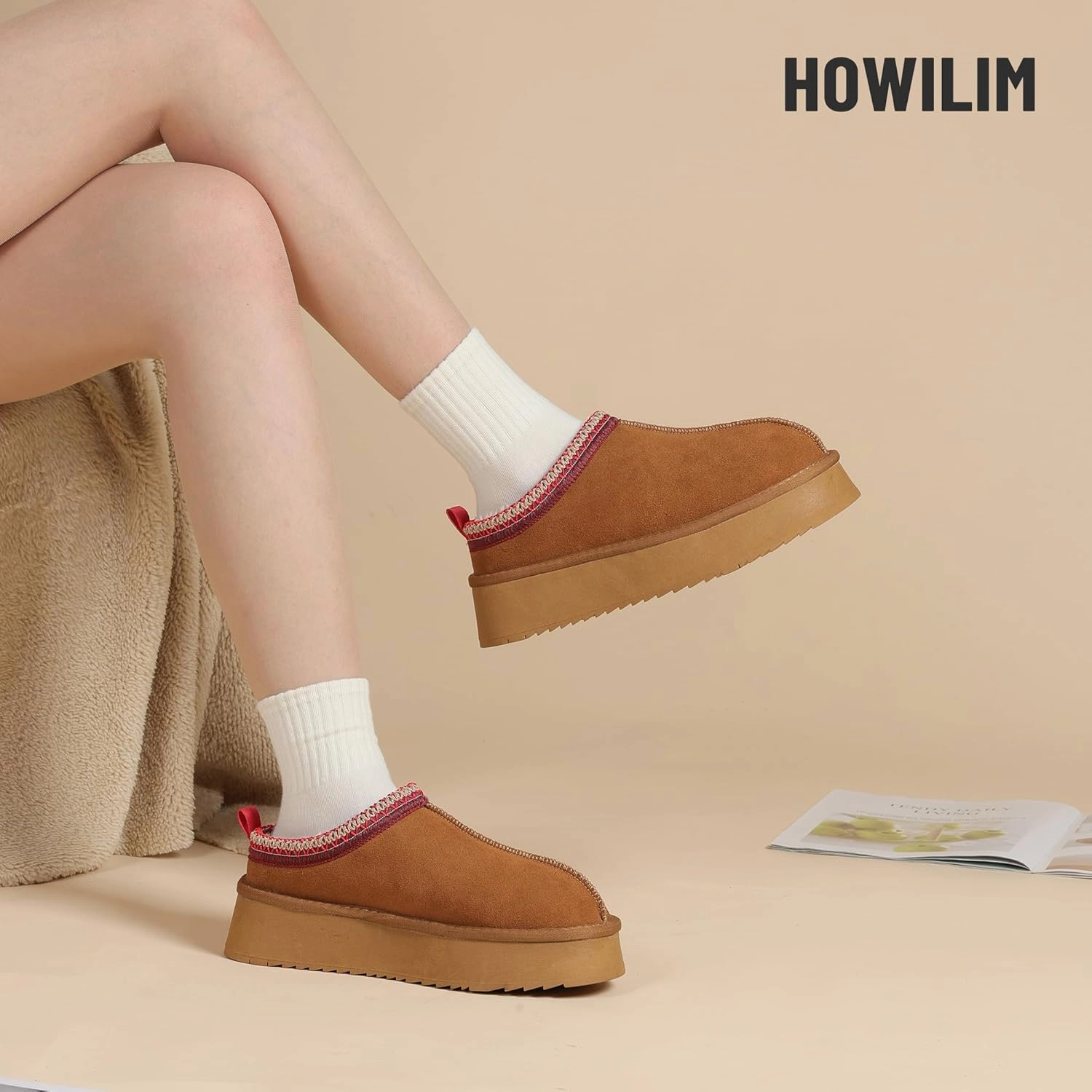 Women's Slippers Platform Mini Boots Short Ankle Boot Fur Fleece Lined House slippers Anti-Slip Boot For Outdoor