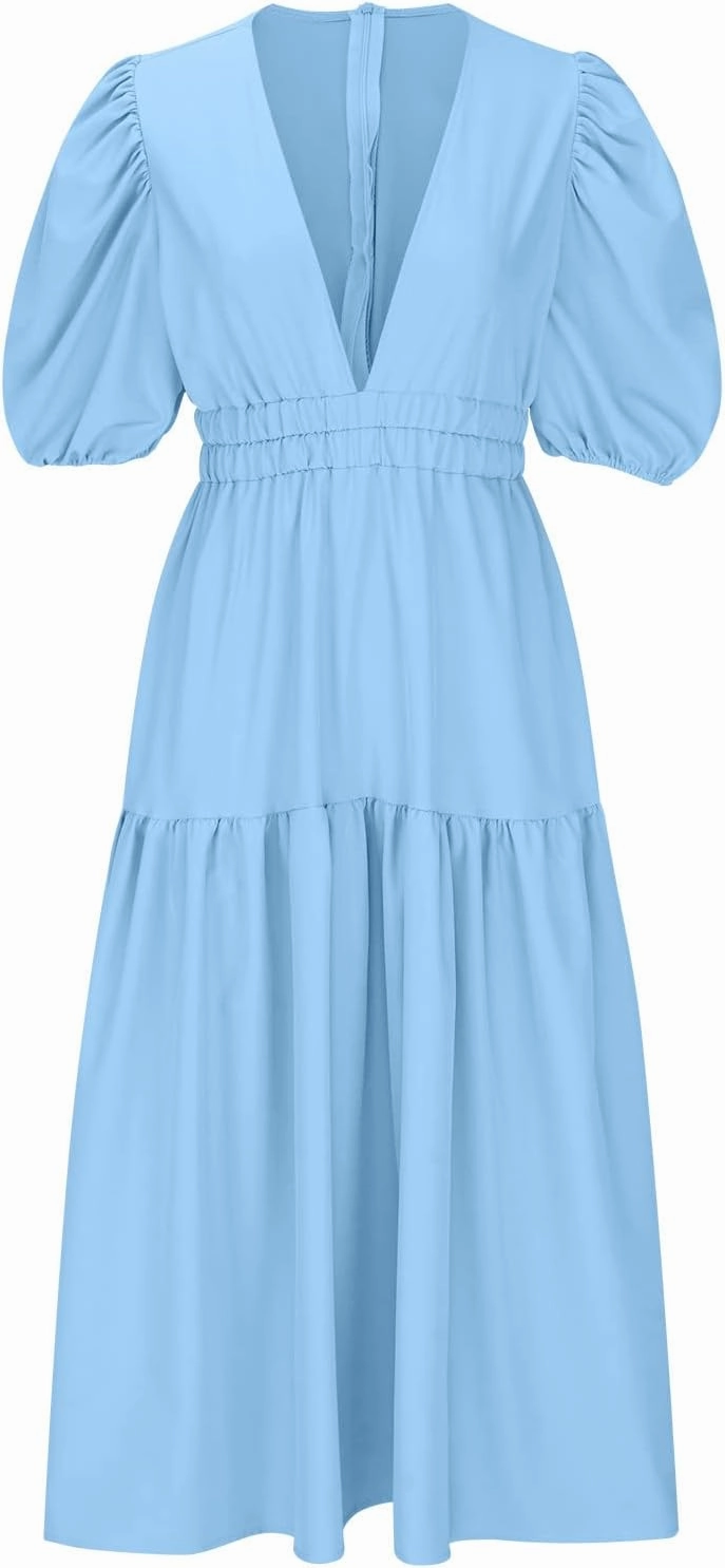 Women's Summer Button Down Shirt Dress Short Puffy Sleeve Tiered Ruffle Flowy Long Maxi Dresses Vocation Party Dress