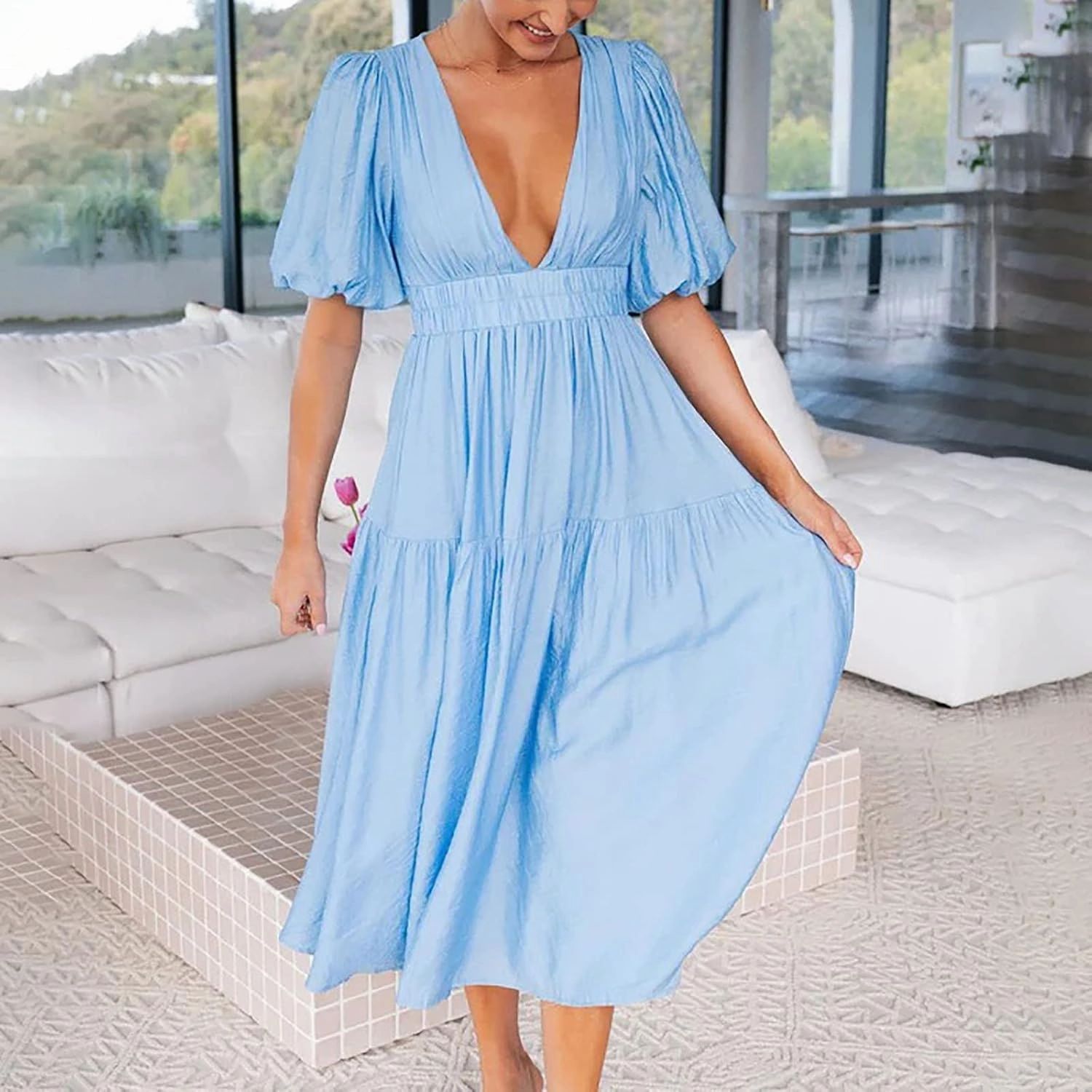 Women's Summer Button Down Shirt Dress Short Puffy Sleeve Tiered Ruffle Flowy Long Maxi Dresses Vocation Party Dress