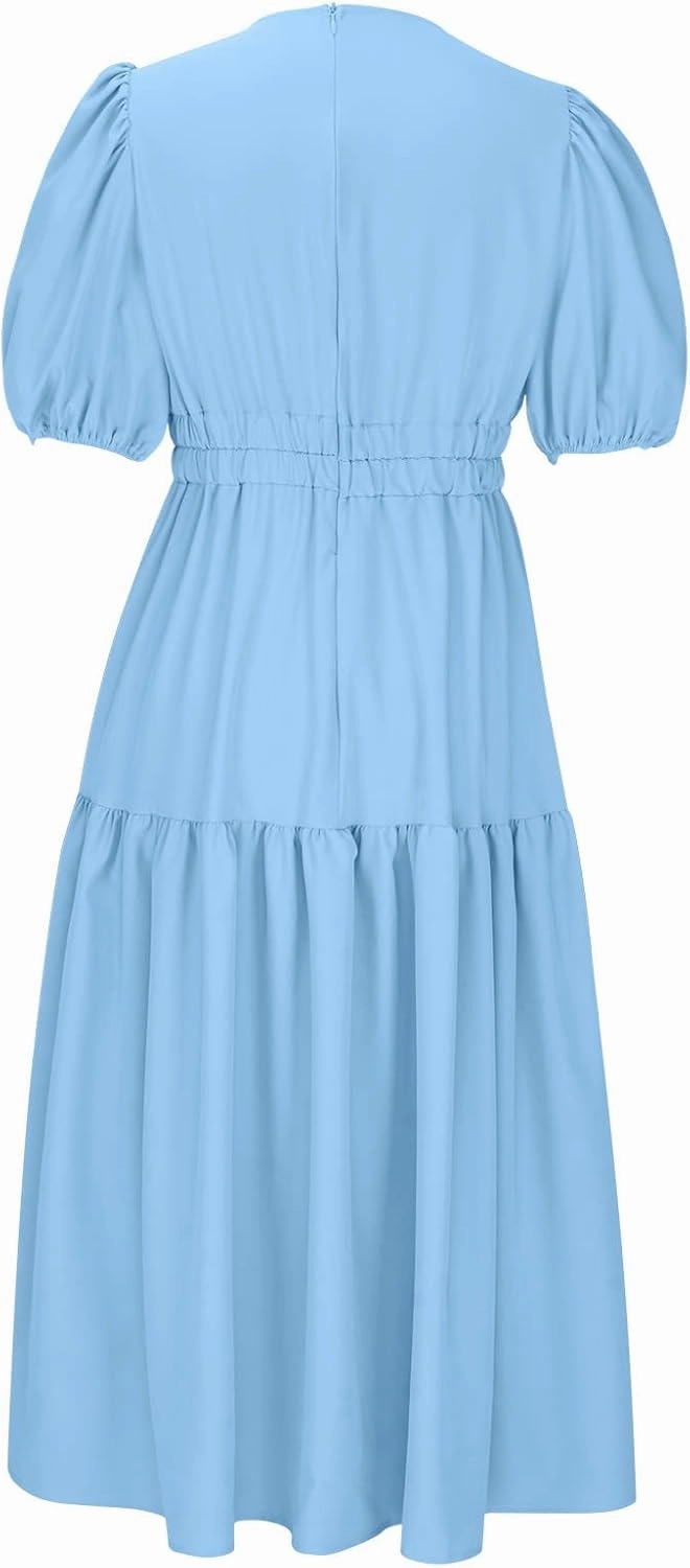 Women's Summer Button Down Shirt Dress Short Puffy Sleeve Tiered Ruffle Flowy Long Maxi Dresses Vocation Party Dress