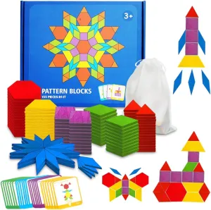 Wooden Pattern Blocks Set for Classroom 155 Pcs Tangram Blocks for Kids Geometric Shape Puzzle Kindergarten Classic Educational Best STEM Fat Brain Toys Ages 4-8 with 24 Pcs Design Cards Christmas