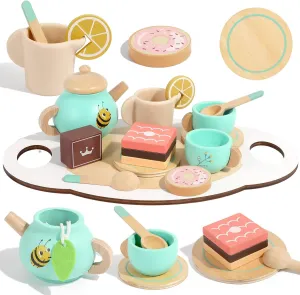 Wooden Tea Set for Toddlers Pretend Play Kitchen Accessories Little Girl Toys Tea Party Set with Wooden Toys for Afternoon Tea Pretend Play for Toddlers 3-5