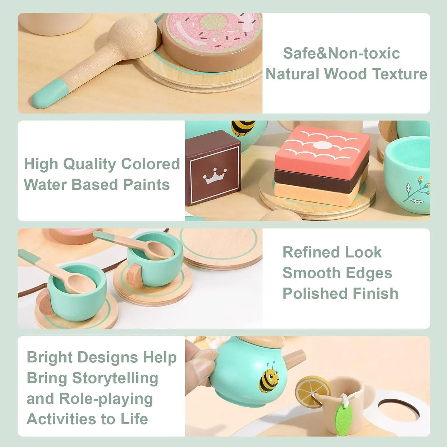 Wooden Tea Set for Toddlers Pretend Play Kitchen Accessories Little Girl Toys Tea Party Set with Wooden Toys for Afternoon Tea Pretend Play for Toddlers 3-5