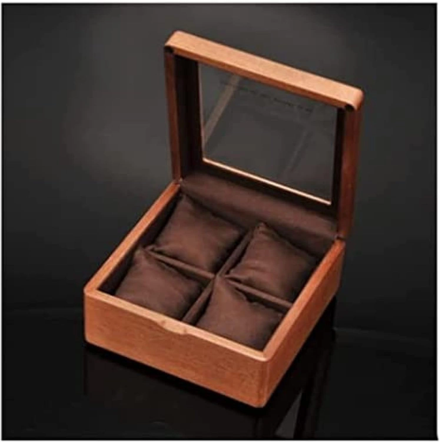 Wooden Watch Box with Transparent Glass Top Cover, 4-Digit Storage Watch Box Watch Holder Watch Organizer,B,17.5x17.5X.5cm